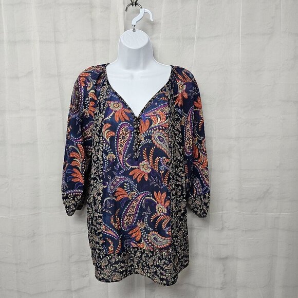 Chaps Blouse Blue Paisley Boho Cottage Peasant Casual Festival PM - Picture 1 of 12